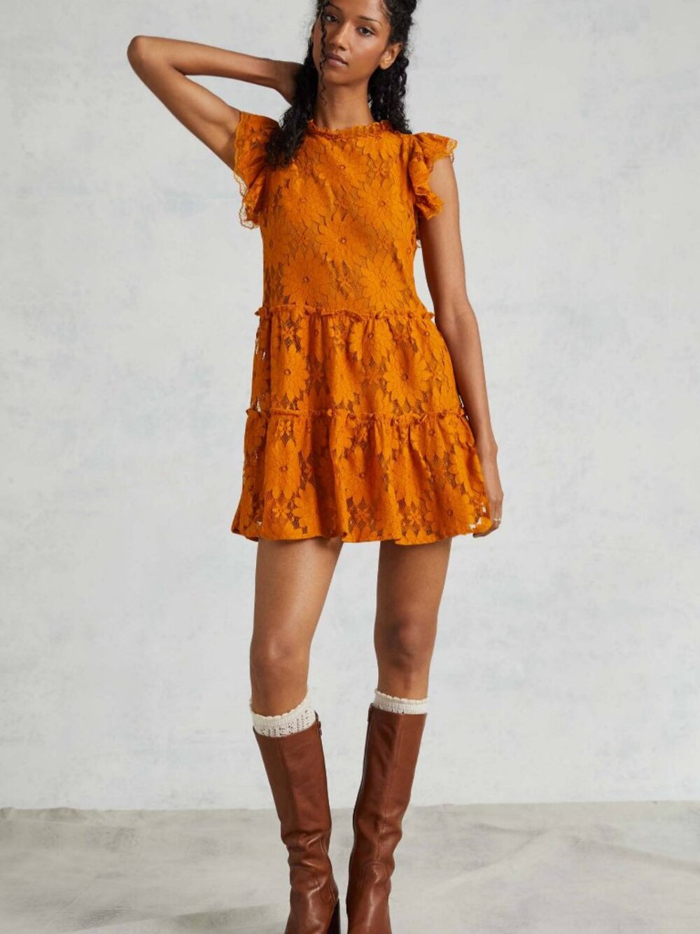 Anthropologie Blue Tassel Tiered Lace Tunic Dress Gold Rust Floral Mini XS